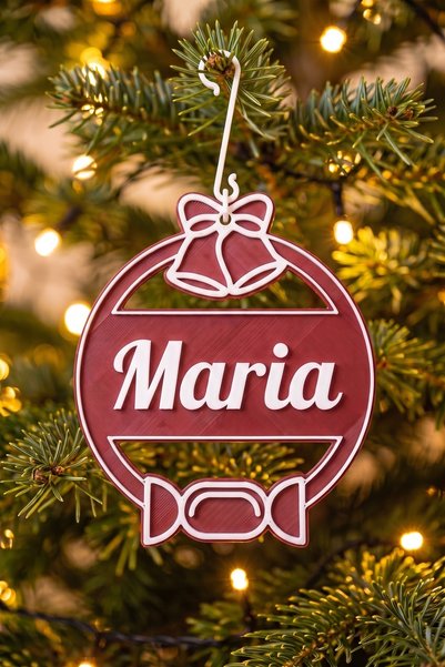 OEM Glob Craciun Personalizat Maria - Ornament Brad Plat Visiniu cu Carlig
