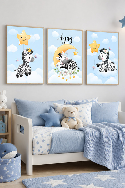 kutuTR Kişiye Özel İsimli Çam Ahşap Çerçeveli 3'lü Bebek Çocuk Odası Tablo Seti Zebra Ay Yıldız ÇKOT004