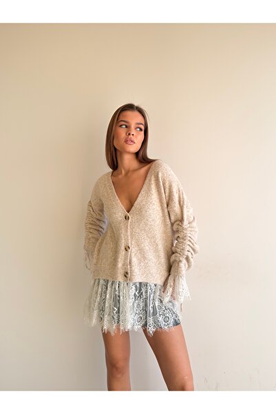 KENZA'A TRİKO Soft Textured V-Neck Cardigan with Lace Skirt and Sleeves