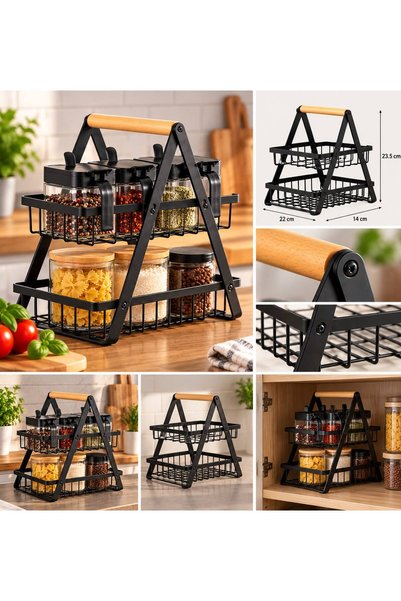 OEM Organizator bucatarie metalic cu 2 niveluri, etajera pliabila pentru condimente, borcane si accesorii, 22 x 14 x 23,5 cm, maner din lemn, negru mat