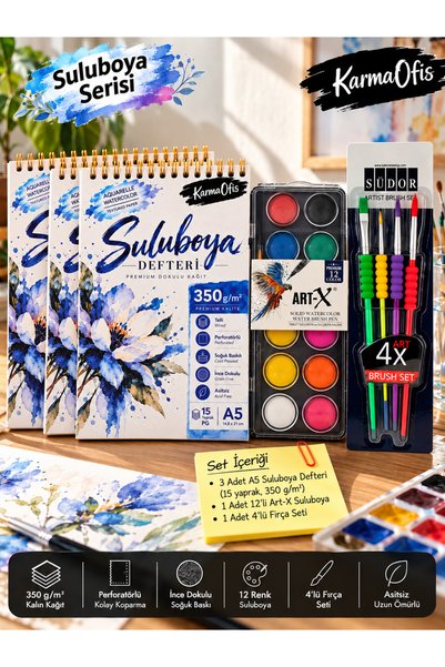 KarmaOfis A5 Suluboya Resim Seti – 12'li Art-X Suluboya Boya, 350 Gr Spiralli Suluboya Defteri ve 4'lü Fırça Seti – 1 Defter Seçenekli
