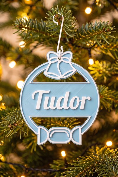 OEM Glob Craciun Personalizat cu Nume Tudor - Ornament Brad Plat Bleu Pastel ...