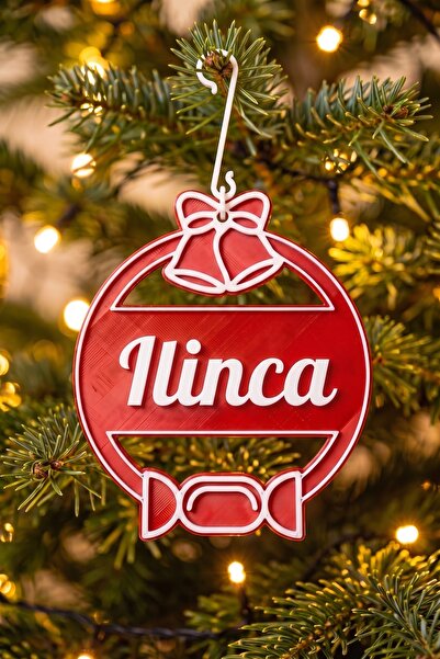 OEM Glob Craciun Personalizat Ilinca - Ornament Brad Plat Rosu Satinat cu Carlig