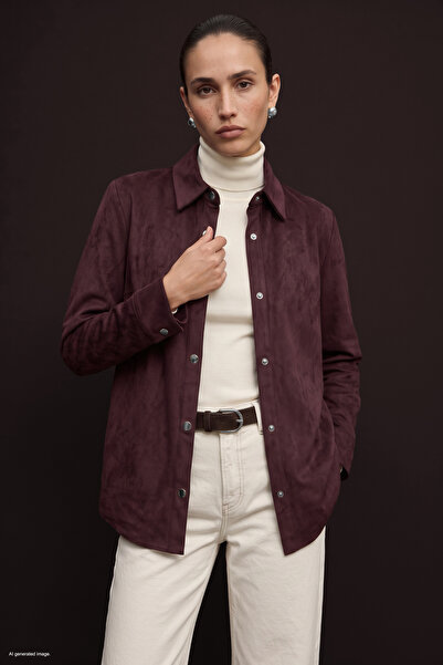 Sateen Çıtçıt Detaylı Süet Gömlek - Bordo