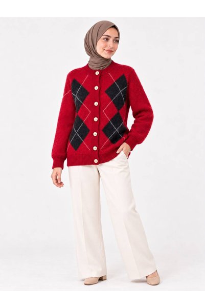Sfg Life Moda Women's Diamond Patterned 7-Button Crew Neck Long Sleeve Bearde...