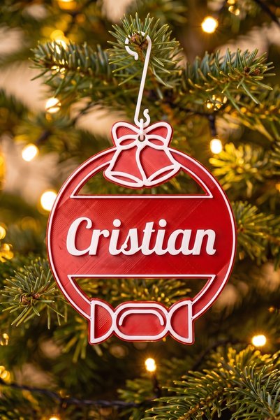 OEM Glob Craciun Personalizat Cristian - Ornament Brad Plat Rosu Satinat cu C...