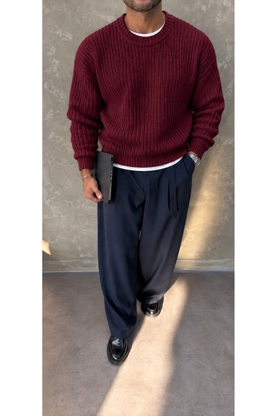 DepoExport Erkek Premium Oversize Yumuşak Bisiklet Yaka Triko Kazak