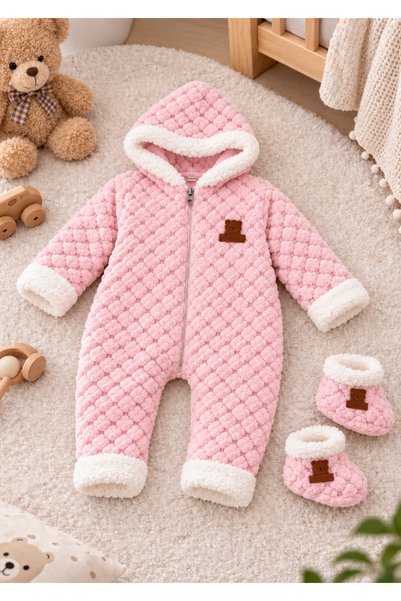 MOVAMIR BABY Baby Jumpsuit Winter Plush Hooded Zippered Unisex Baby Welsoft Jumpsuit with Booties