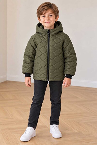 DUBLİNO KİDS Boys' Onion Patterned Water and Wind Proof Fur Lined Hooded Coat