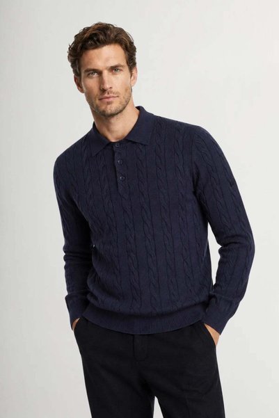 Silk and Cashmere Lacivert Stefan Saf Kaşmir Örgülü Polo Kazak
