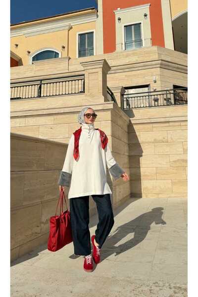 WOHOME Women's Oversized Hijab Tunic / Sweater with Fur Detail on the Sleeves, Stand Collar and Buttons