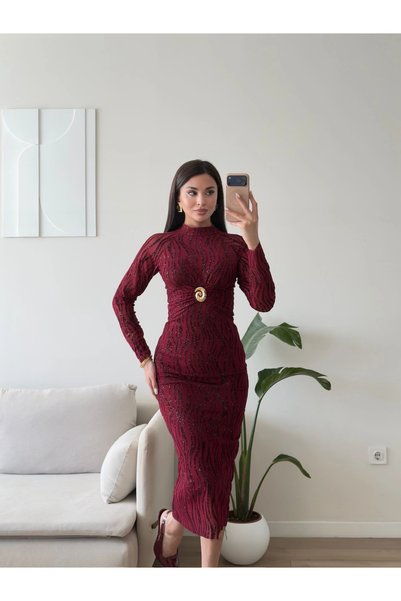 Zoom Butik Simli Aksesuar Detay Long Elbise - BORDO
