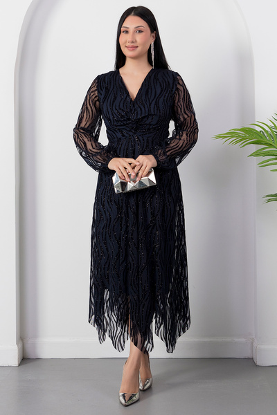 PULLIMM Double-Breasted Collar, Waist Knotted, Glittery Dress 2026-5037
