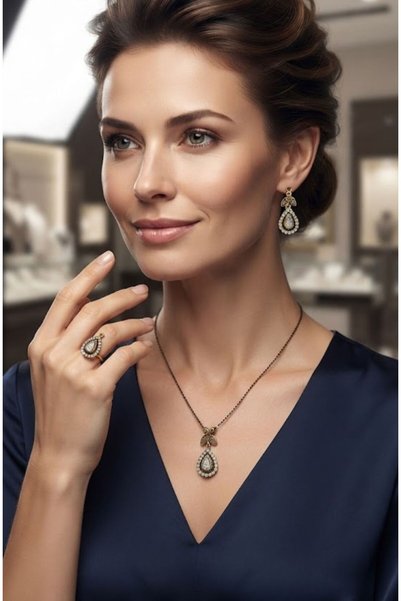 HOŞGÖR ACCESSORIES Copper Drop Stone Necklace Earrings Ring Set