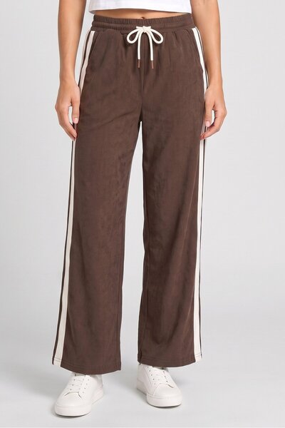 QED London Women Regular Fit Textured Straight Leg Pants, Brown