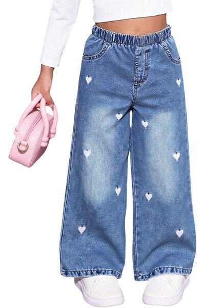 OtherMax Pantaloni Jeans Baggy Largi cu Inimioare Albaștri pentru Fete 4 Ani