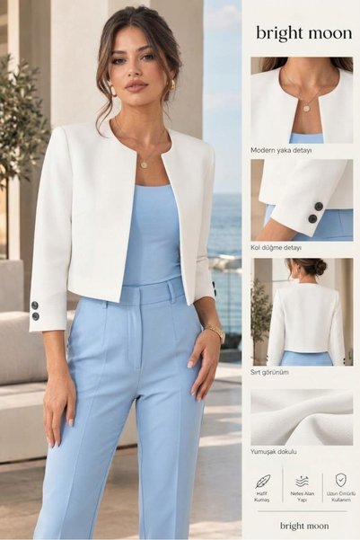 bright moon ısa Crop Blazer Ceket - Kol Düğme Detaylı Şık Ofis Ceketi