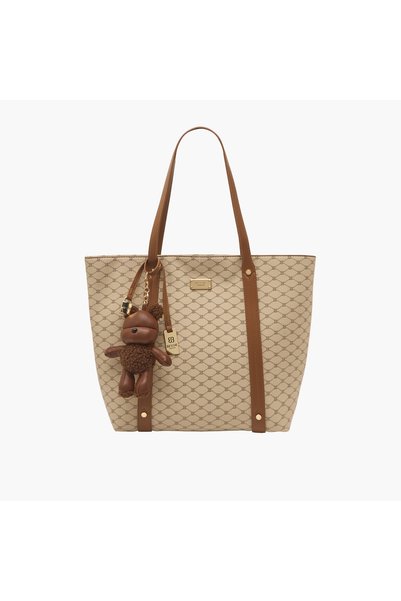 Bessie London Bear Charm Tote Bag with Zip Closure