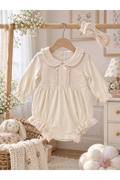 cayzen Dantel Detaylı Kız Bebek Ekru Romper