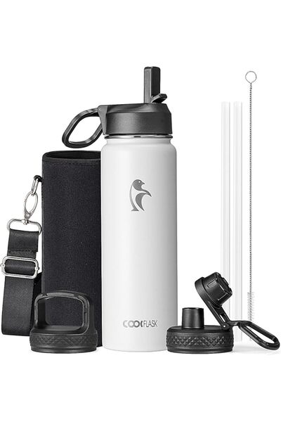 Coolflask زجاجة ماء معزولة مع 3 أغطية، سعة 1.9 لتر، لون ساموراي سين