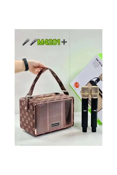 OEM Ηχείο Karaoke Bluetooth Boom Bass M4201+ με 2 μικρόφωνα σε καφέ χρώμα