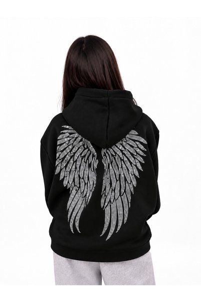 HAI COLLECTİON kadın kanatlı taş baskı sweatshırt 3 iplik kumaş oversize kesim