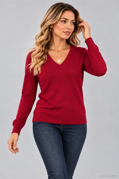 moda wanilia Women's Long Sleeve V-Neck Soft Textured Knitwear Blouse Basic R...