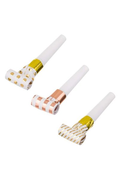 SHOPIENS Suflatori Petrecere Albi Dungi Buline Folie Aurie Bronz Set 12 Bucat...