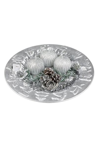 SHOPIENS Platou Decorativ Craciun 3 Lumanari Argintii Conuri LED Colorate 24c...