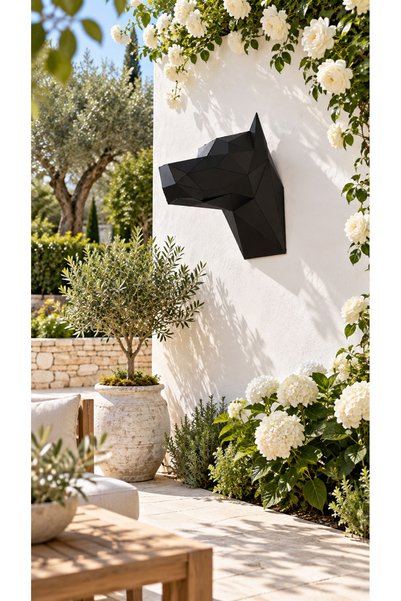 Siyah Metal 3D Geometrik Doberman Köpek Başı Duvar Dekoru - Modern Duvar Heykeli - Ev ve Ofis Dekorasyonu