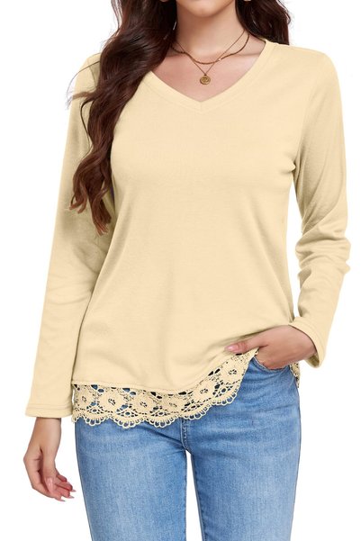 OEM Tricou de damă cu mânecă lungă, ușor, cu tiv din dantelă, pulover casual ...