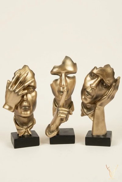 Ada Crafts Metalik Gold 3'lü Dekoratif Yüz Biblo Seti Sert Reçine Siyah Kaide...