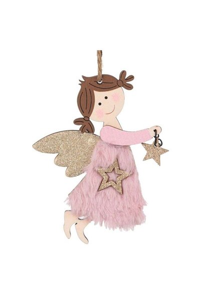 ANTBRO Ornament Brad de Crăciun Îngeraș din Lemn cu Blană Roz și Stea 14cm, A...