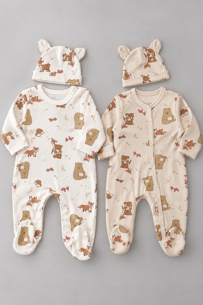 My Babies Label Baby Boy Forest Animals Patterned 2-Piece Newborn Jumpsuit Set 100% Cotton
