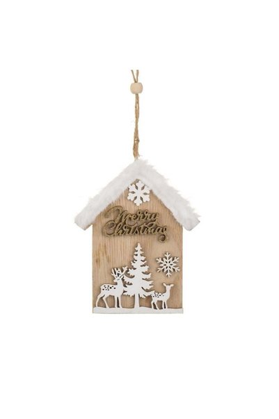SHOPIENS Ornament Brad Craciun Casuta Lemn Merry Christmas Imitatie Blana Alb...