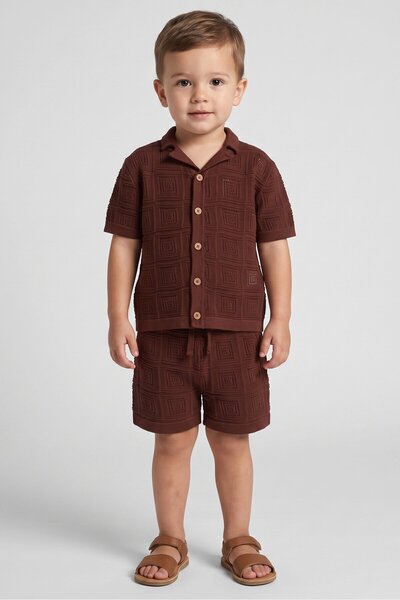Norn Studios Toddlers Boy 2 Pcs Knitted Shirt And Shorts Set, Brown