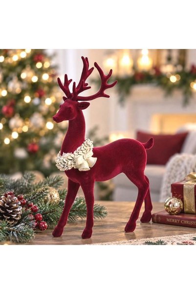 SHOPIENS Ren Decorativ Craciun Bordo Catifelat 18x30cm Figurina 3D Coronita E...