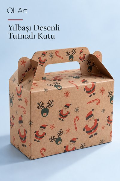 OLİ Art Yeni Yıl Dilekleri Desenli 6 Adet Tutmalı Kraft Yılbaşı Hediye Kutusu 16 × 8 × 11 cm