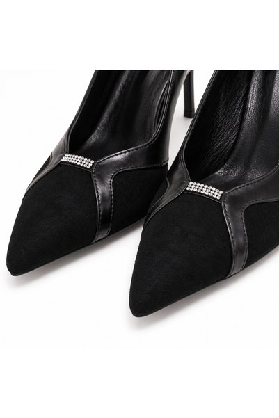 Luxe Heel Ayağınıza Değer Katan Adımlar Siyah Süet Taş Detaylı Sivri Burun İn...