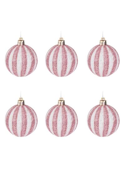 SHOPIENS Set Globuri Craciun Roz Albe Dungi Glitter 6cm 6 Bucati Shopiens®