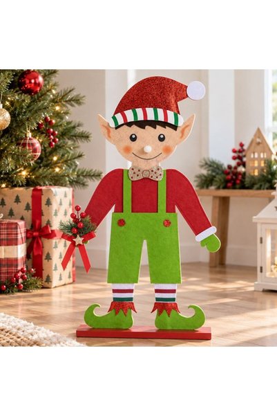 SHOPIENS Figurina Craciun Spiridus Din Fetru 64cm Baza Lemn Decor Usa Brad Sa...