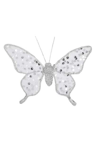 ANTBRO Fluture Decorativ de Crăciun Alb cu Paiete, Glitter Argintiu și Clips ...