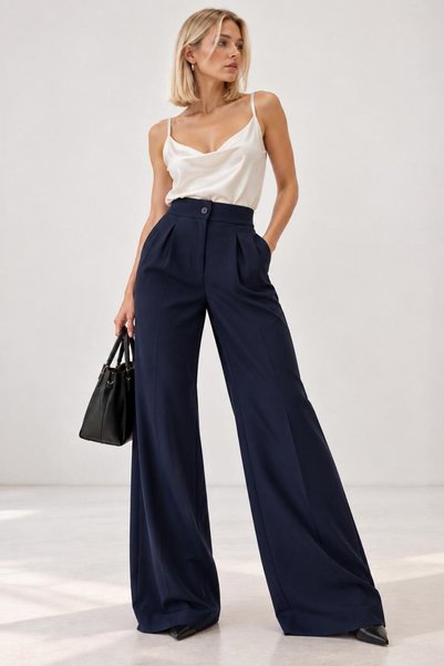 JARA Pantaloni Palazzo plisați cu talie înaltă, albastru marin, din Lycra, pentru femei