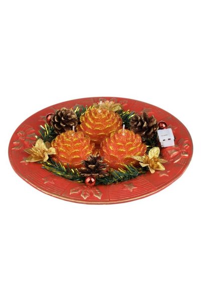SHOPIENS Platou Decorativ Craciun 3 Lumanari Rosii Conuri 24cm Masa Festiva S...