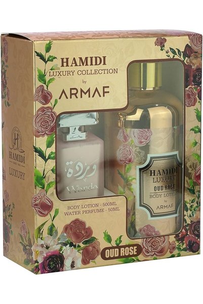Hamidi مجموعة هدايا من قطعتين: لوشن للجسم بالعود غير الكحولي 500 مل + عطر مائ...