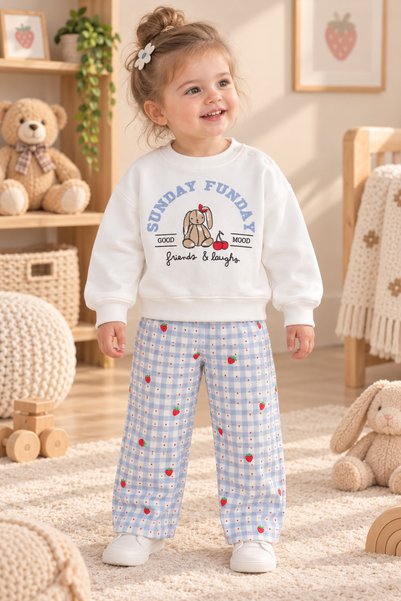 BEBEXO KIDS Kız Bebek Tavşan Baskılı Çilek Detaylı Pamuklu 2'li Takım (6-24 AY)