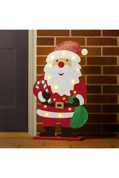SHOPIENS Figurina Craciun Mos Craciun Fetru LED 77cm Baza Lemn Sac Verde Glit...