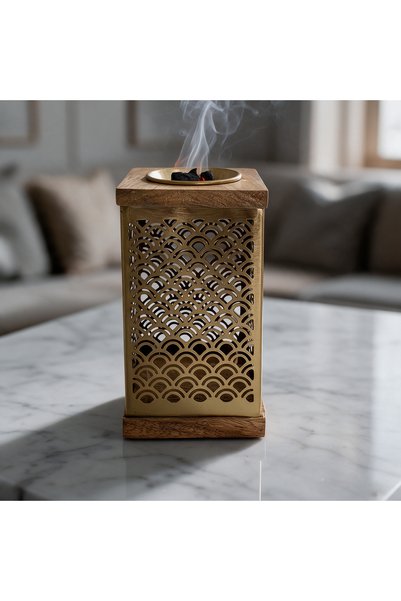 Generic Brand مبخرة هندى معدن ذهبى مع خشب