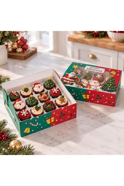 SHOPIENS Set 2 Cutii Carton Craciun 12 Briose Mos Craciun Fereastra 32.5x24.8...