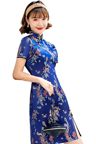 OtherMax Rochie Tradițională Chinezească de Cocktail Elegantă Florală Albastr...